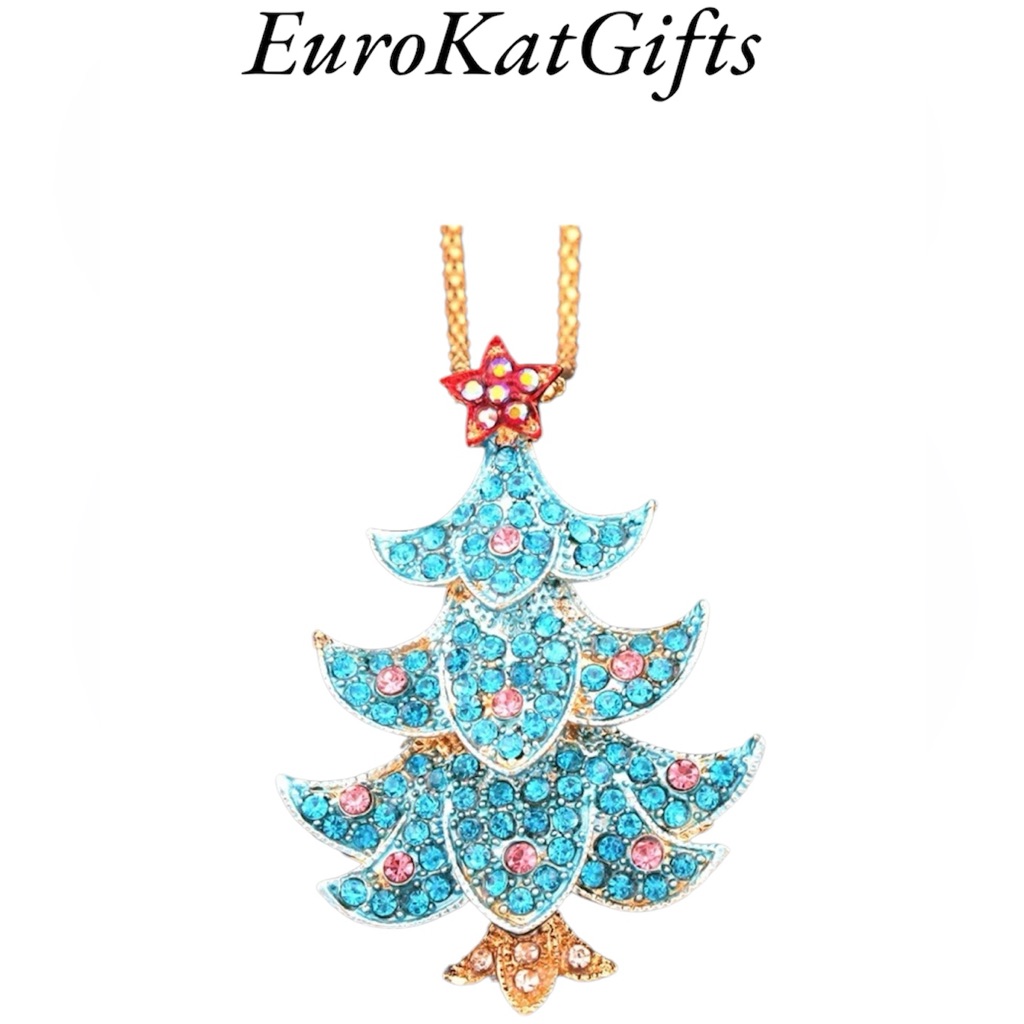 New Betsey Johnson Blue Pink Crystal Cz Christmas Tree Necklace 18-22”Chain Nwt